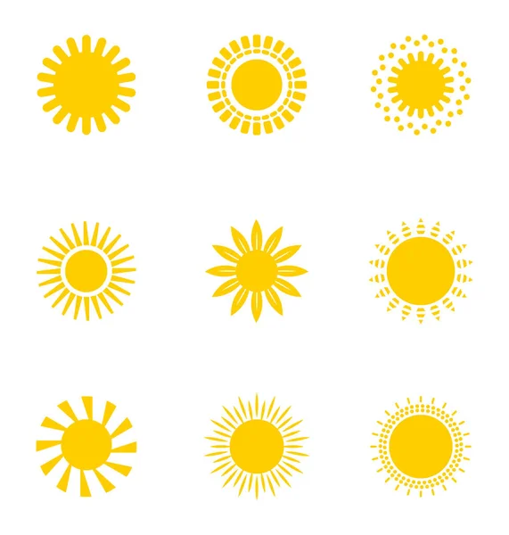 Яркие Иконки Солнца Устанавливают Вектор Логотип Заката Различном Дизайне Белом — стоковый вектор