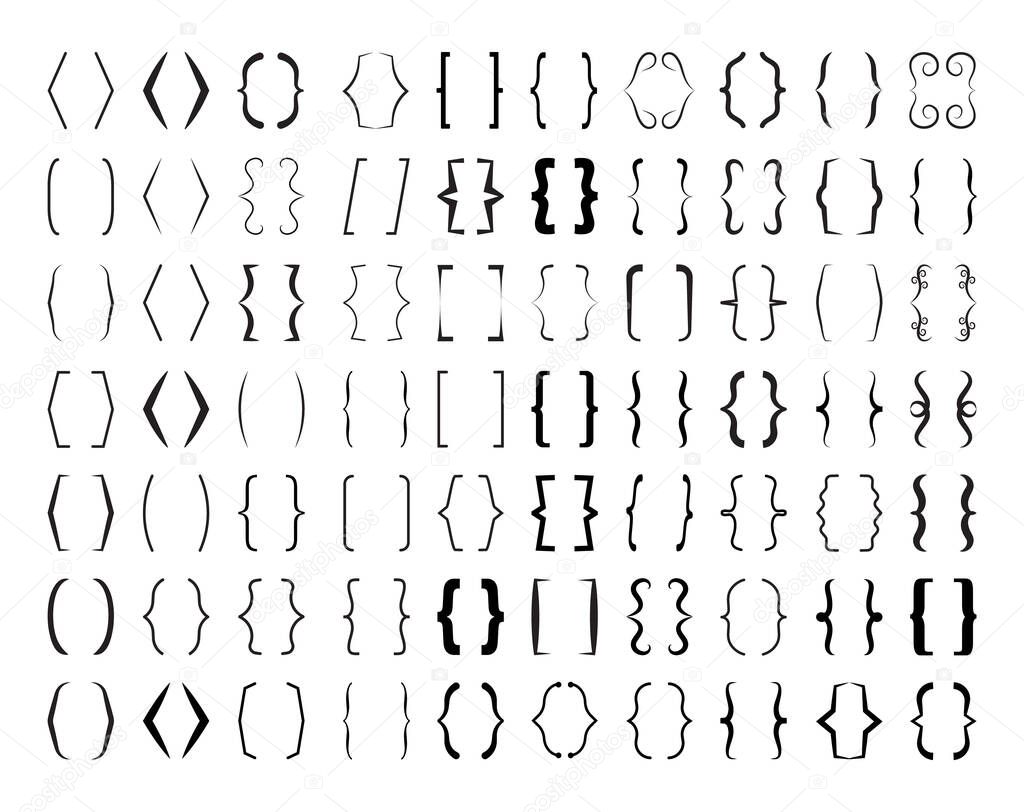 Curly brace set vector. Text brackets collection for messages, quotas. Oval, square, retro parentheses and punctuation shapes.