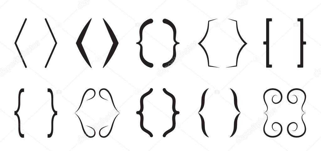 Curly brace set vector. Text brackets collection for messages, quotas. Oval, square, retro parentheses and punctuation shapes.