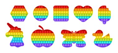 Kıpır kıpır, anti-stresör oyuncak vektörü düz bir şekilde ayarlandı. Moda duyusal oyuncaklar. Çocuklar için renkli oyuncaklar, eğlenmek için baloncukları itin. Stres karşıtı çocuk oyunu.