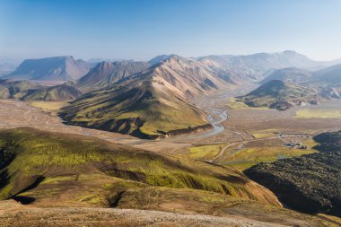 Landmannalaugar Np, İzlanda güzel peyzaj havadan görünümü.