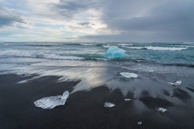 Buzdağları bir plajda siyah kum Jokulsarlon, İzlanda