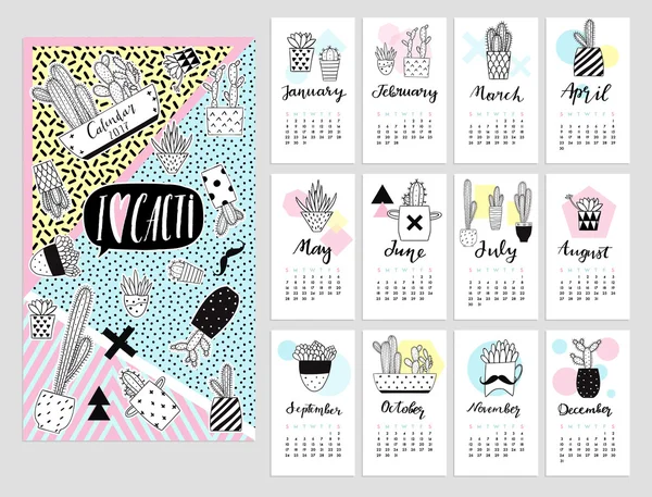 Calendar 2017 with cartoon cacti stickers — Stock Vector