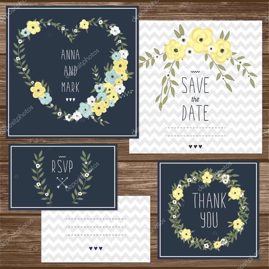 Cards with floral bouquets and wreath elements