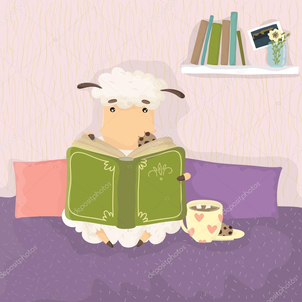 Sheep with book and hot drink