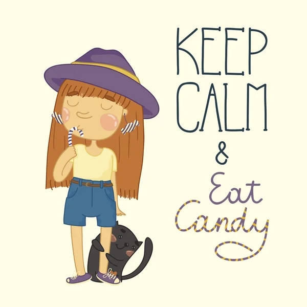 Chica con caramelo y gatito — Vector de stock