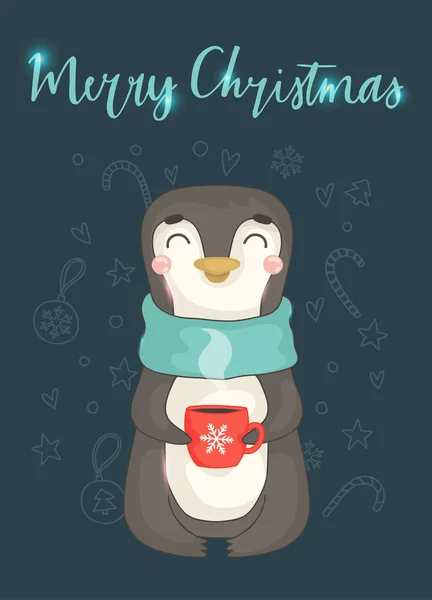 Feliz tarjeta de Navidad con pingüino — Vector de stock