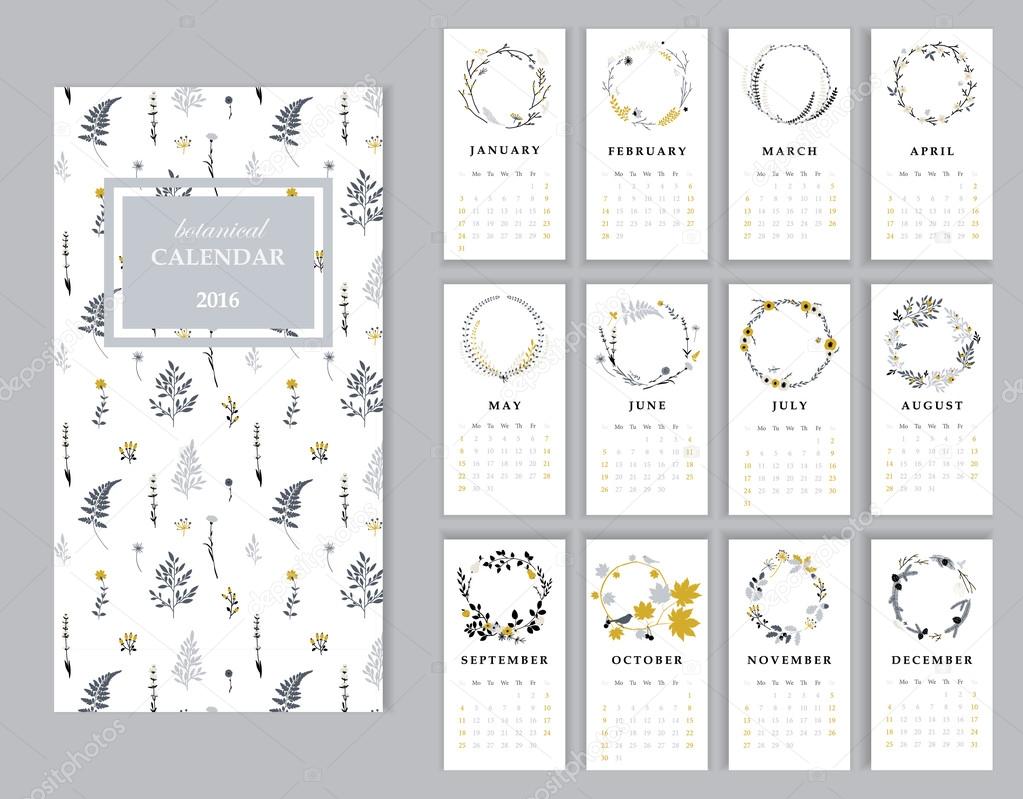 Calendar 2016 with romantic seasonal wreaths