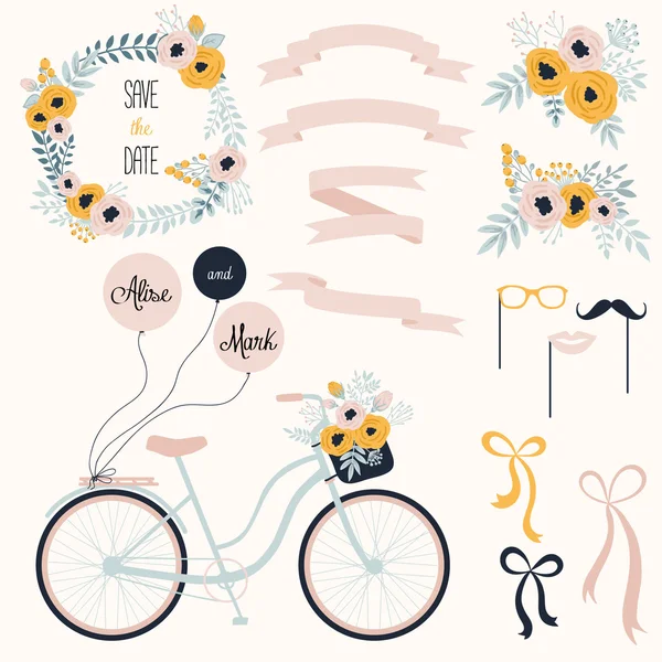 Conjunto de boda con flores, cintas y bicicleta — Archivo Imágenes Vectoriales