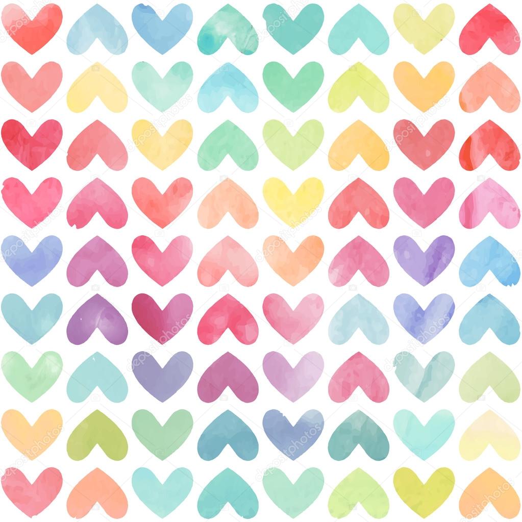 colorful watercolor painted hearts pattern.