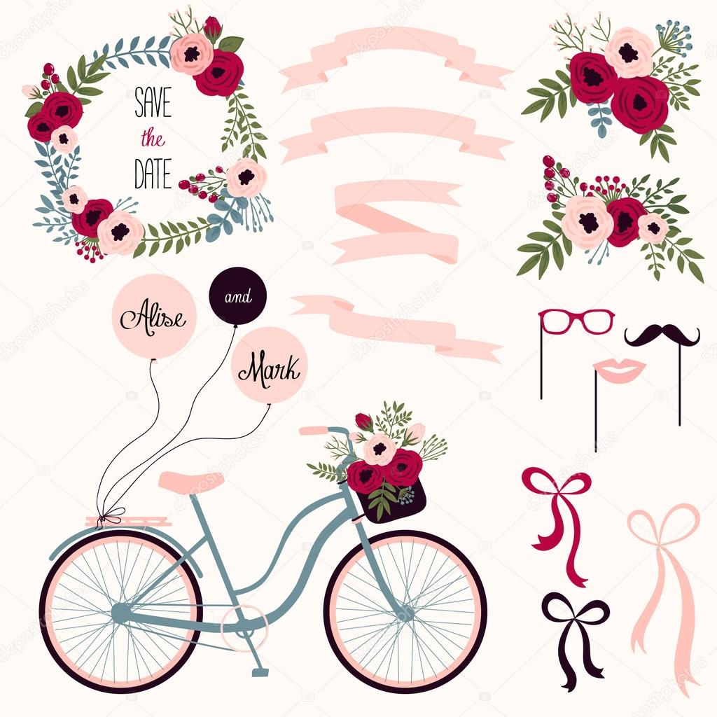 wedding set with flowers, ribbons and bicycle