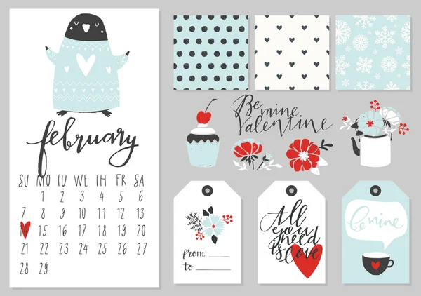 Calendar for february with penguin — Stock Vector