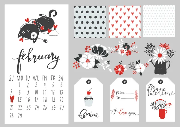 Calendar for february with cat — ストックベクタ