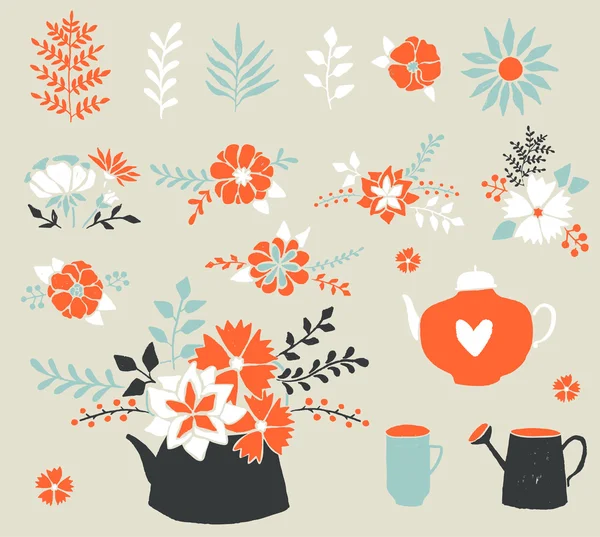 Cute retro floral bouquets and wreath — 스톡 벡터