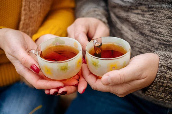 Bir fincan sıcak çay, tatilde sonbaharda ormanda bir içki. Yaşlı evli çift.