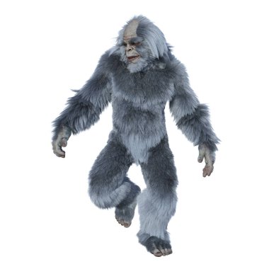 Yeti yürüyordu ve gülümsüyordu. 3d görüntüleme beyaz arkaplan üzerinde izole edildi.