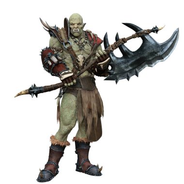 Savaş zırhlı Ork savaşçısı elinde dev bir balta tutuyor. Fantezi yaratık 3D görüntüleme beyaz arkaplan üzerinde izole.