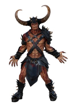 Elleri açık, savaş teçhizatlı bir şeytan. 3d görüntüleme beyaz arkaplan üzerinde izole edildi.