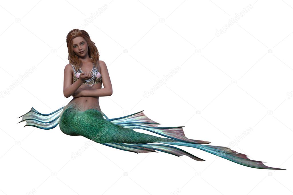 Memaid sitting with tail to the side. 3D illustration isolated on white background.