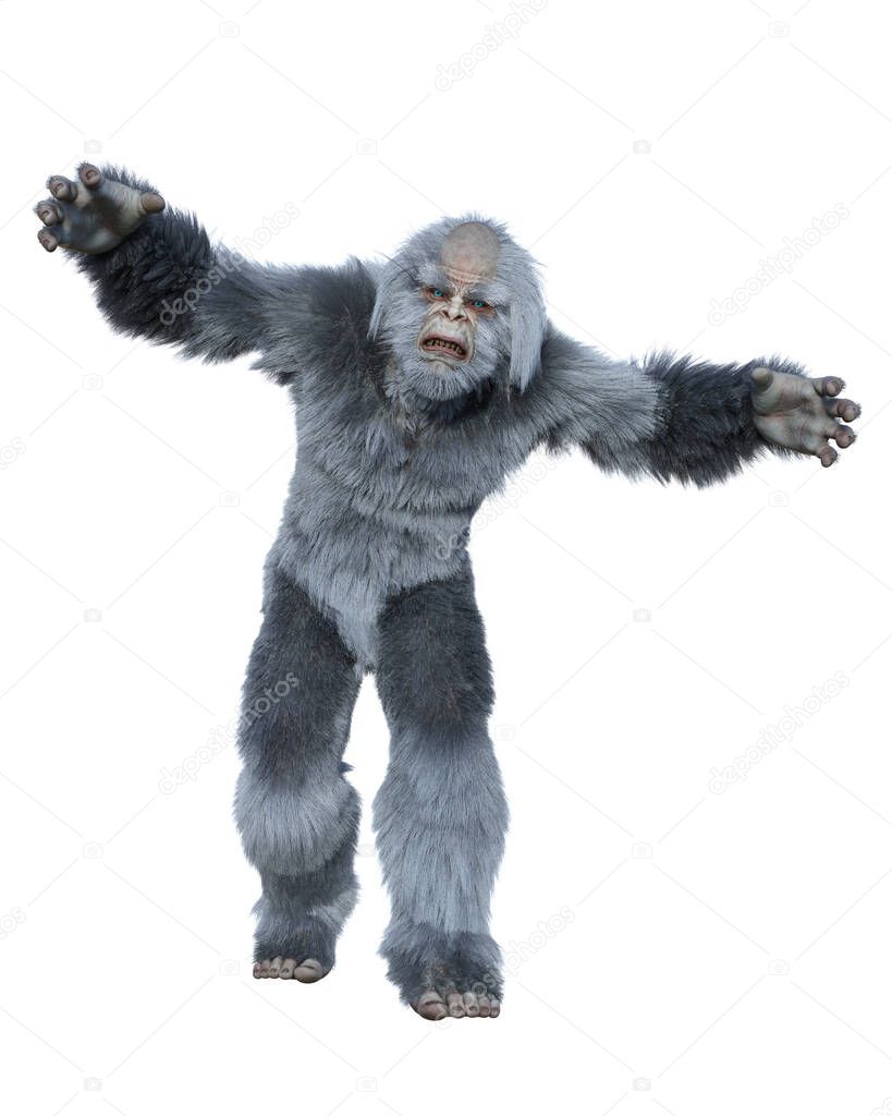Yeti lurching forwards with arms outstretched. 3d render isolated on a white background.
