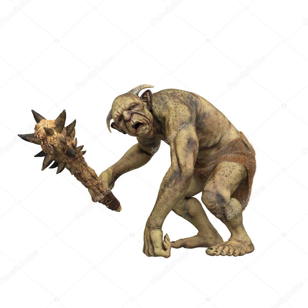 Fantasy Troll leaning on one hand and holding a spiked club weapon. 3d render isolated on white background.