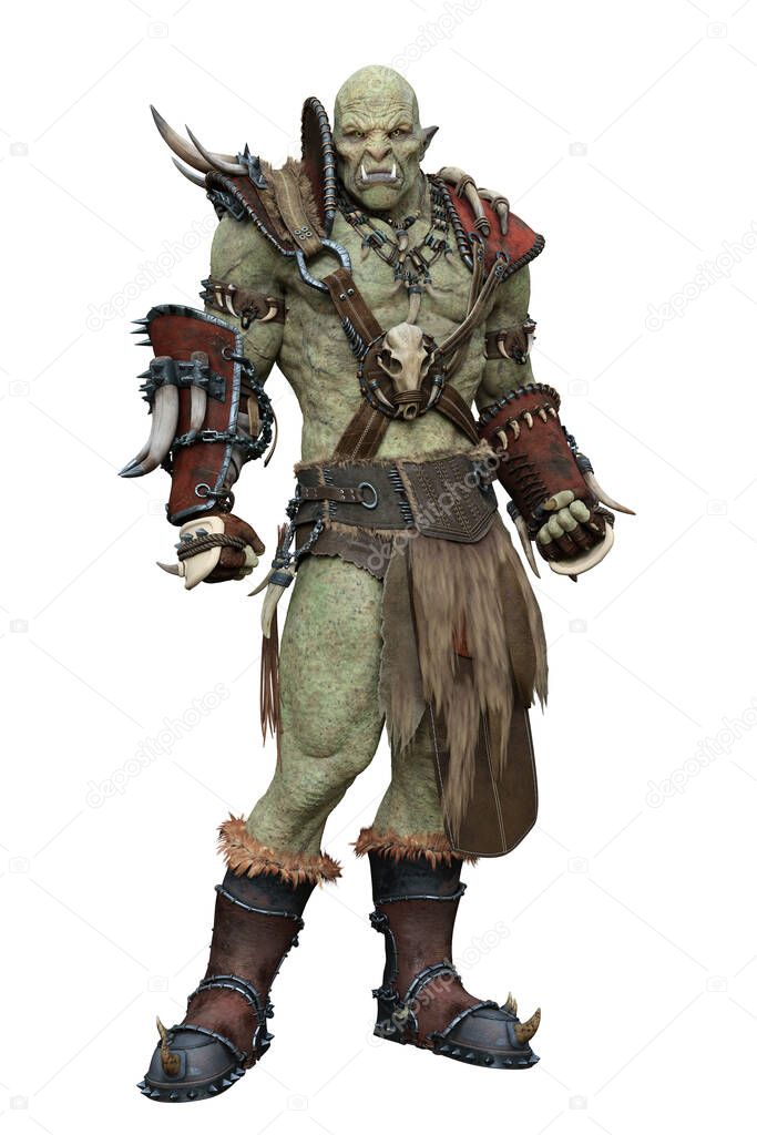 Orc in battle armour with menacing stare. Fantasy warrior 3d render isolated on white background.