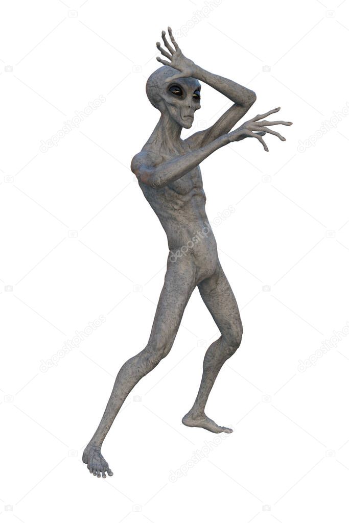Grey Alien with arms up frightened. 3D render isolated on white.