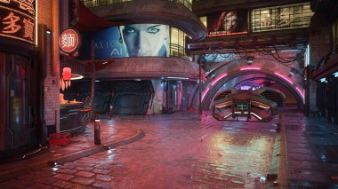 Geceleri kaldırımın kenarında uçan bir arabanın olduğu Cyberpunk şehri caddesi. Fotoğraf gerçekçi 3D görüntüleyici.