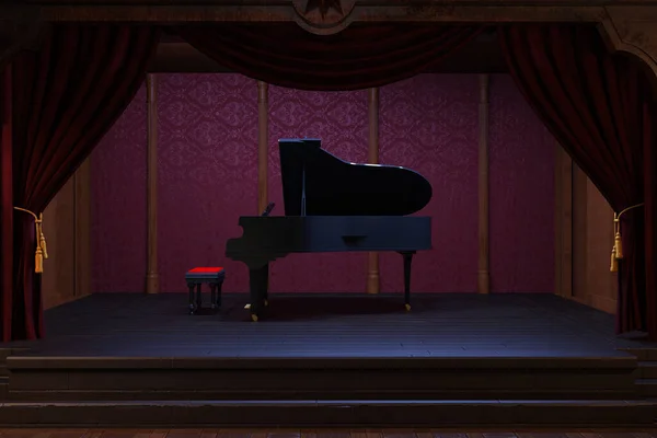 A grand piano on a dark night club stage framed by red curtains. 3d render with no people.