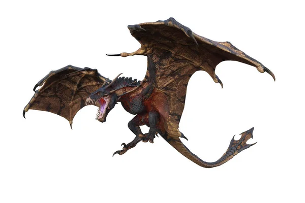 Wyvern ya da Dragon fantezi yaratıkları ağızları açık uçuyorlar. Ateşe açık, 3 boyutlu çizimler beyaza izole edilmiş..