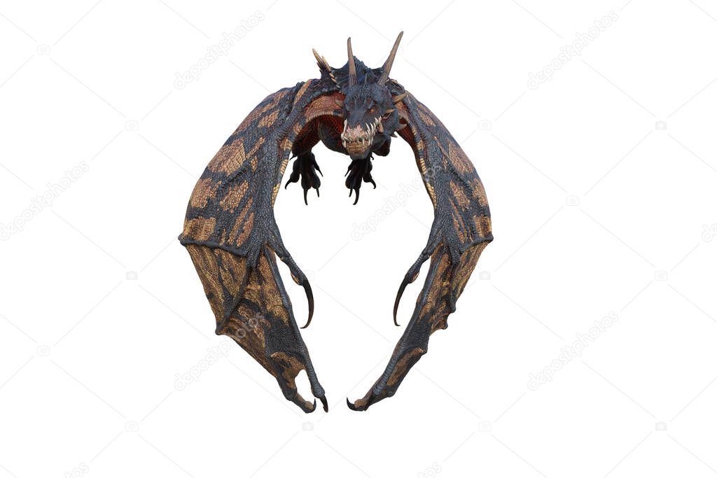 Wyvern or Dragon fantasy creature flying with wings down, 3D illustration isolated on white.