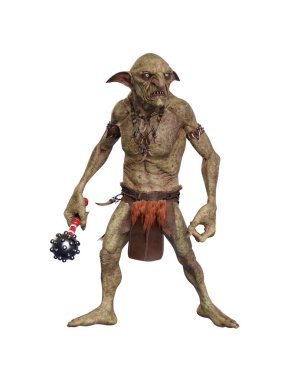 Cin savaşçısı elinde topuz tutuyor. 3d illüstrasyon beyaz arkaplanda izole edildi.