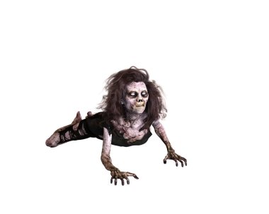 Önde yatan zombi kadın yukarı bakıyor. 3d illüstrasyon beyaz arkaplanda izole edildi.