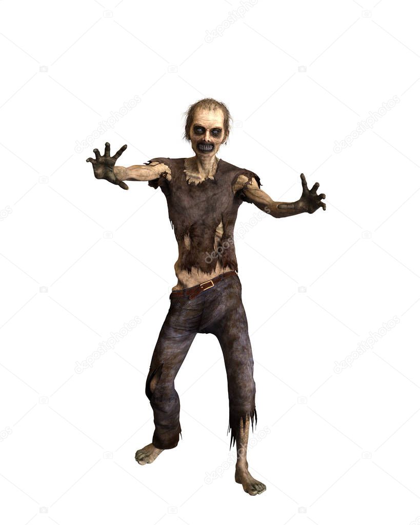 Zombie man walking towards the camera with arms reaching forward. 3d illustration isolated on white background.