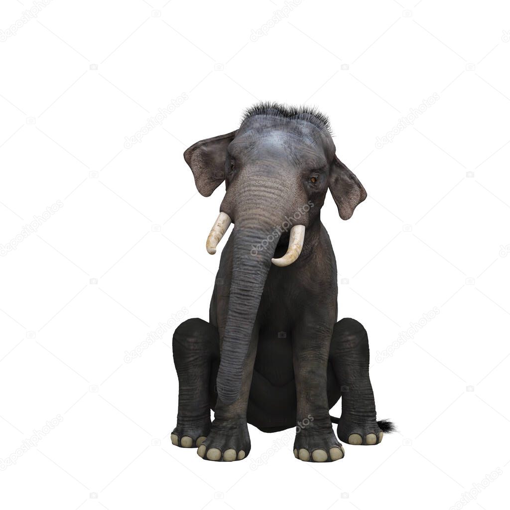 Indian elephant sitting. 3D illustration isolated on white background.