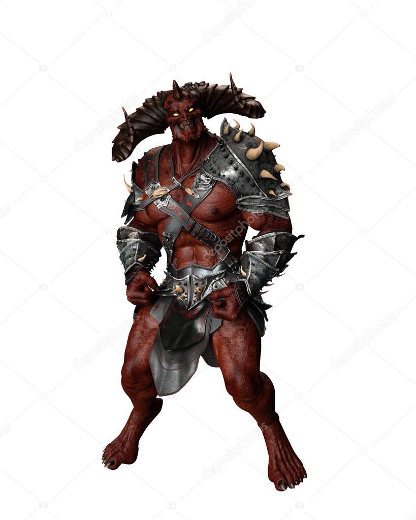 Red skinned demon with large horns  wearing armour in menacing pose. 3D illustration isolated on white background.