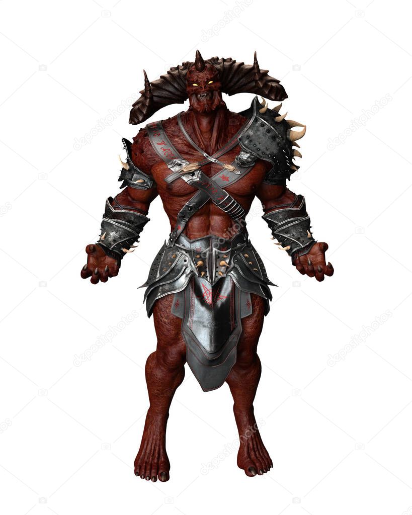 Red skinned demon with large horns and glowing eyes wearing barbarian armour. 3D illustration isolated on white background.