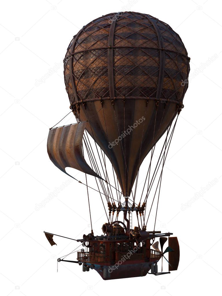 Steampunk hot air balloon. 3D illustration isolated on a white background.