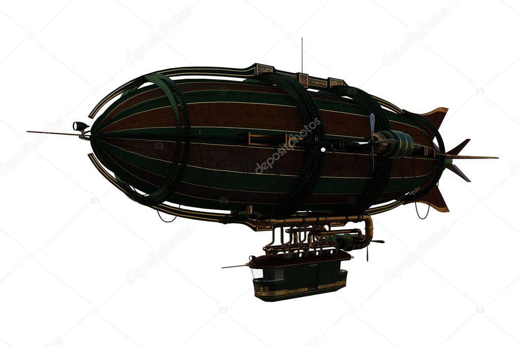 Steampunk styled airship. 3D illustration isolated on a white background.