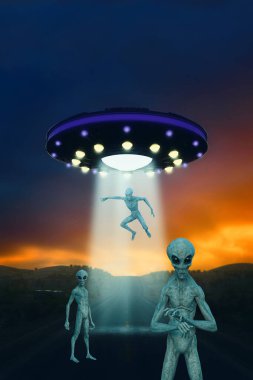 Gri uzaylı yaratıklar, çölde uzun ve boş bir yolda uçan dairelerini bırakıyorlar. Dikey formatta üç boyutlu fantezi illüstrasyonu.