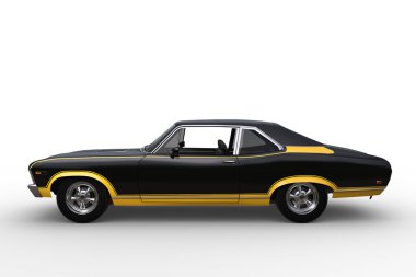 Siyah ve sarı retro Amerikan kas hasarı yan görüşten görülüyor. Beyaz arkaplanda izole edilmiş 3d illüstrasyon.