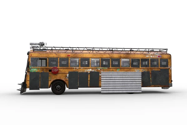 Фантазия Постапокалиптического Желтого Автобуса Защитными Металлическими Барьерами Иллюстрация Белом Фоне — стоковое фото