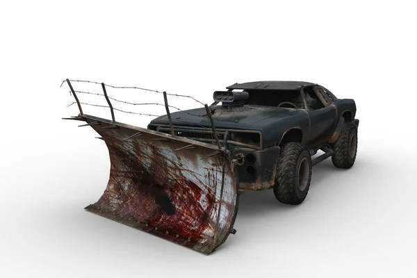 Fantasie Post Apocalyptische Auto Met Een Zombie Sneeuwploeg Illustratie Geïsoleerd — Stockfoto
