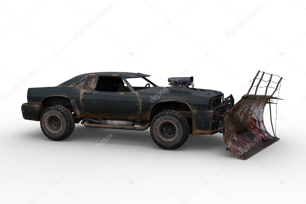 Side view of a post apocalyptic vehicle with blood stained plow on the front for clearing zombies. 3D illustration isolated on a white background.