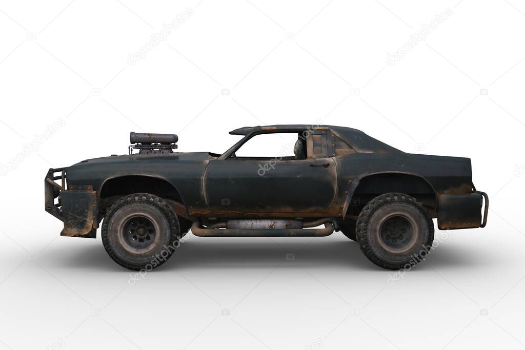Fantasy futuristic post apocalyptic car. Side view 3D illustration isolated on a white background.