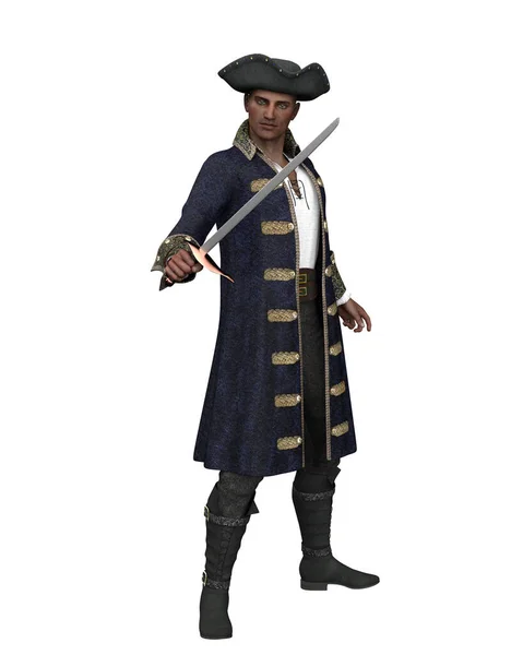 Пиратский Капитан Синем Пальто Шляпе Трикорна Держащий Меч Иллюстрация Белом — стоковое фото