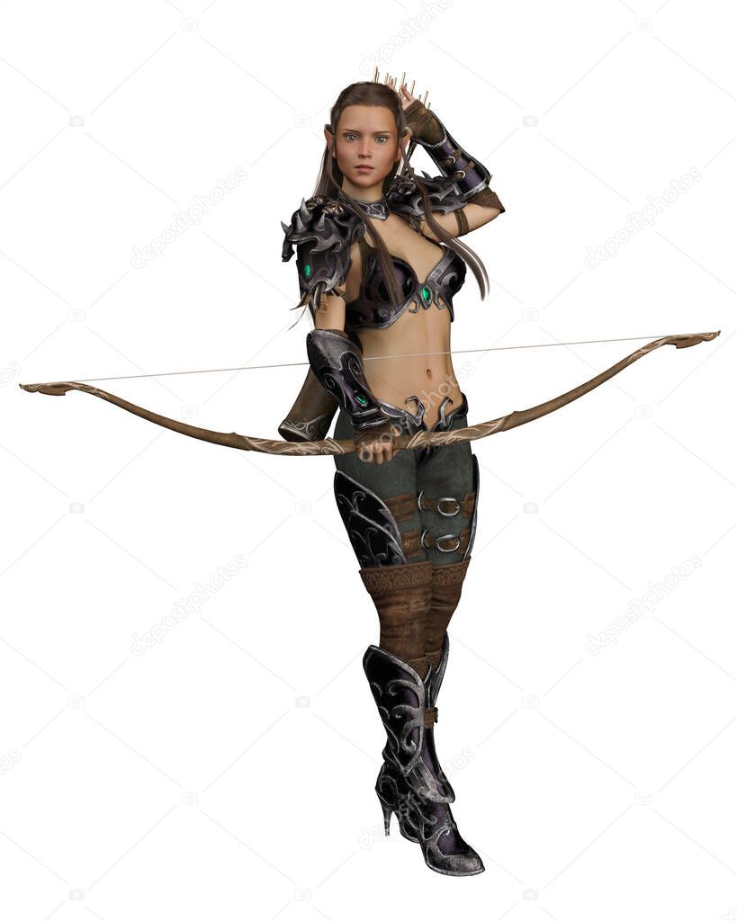 An elf archer woman standing and reaching for an arrow for her bow. 3d illustration isolated on a white background.