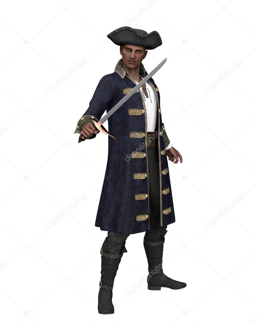 A pirate captain in a blue coat and tricorn hat, holding a sword. 3D illustration isolated on a white background.