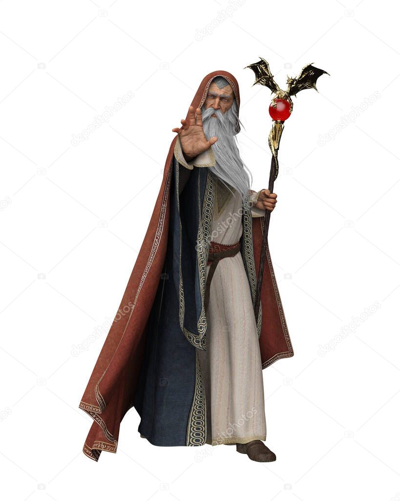 Old wizard in long robes and hooded cloak hold a magical staff and casting a spell. 3D illustration isolated on a white background.