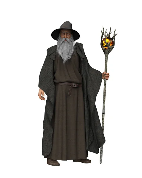Старый Волшебник Длинной Бородой Серой Одежде Шляпе Стоящий Волшебным Посохом — стоковое фото
